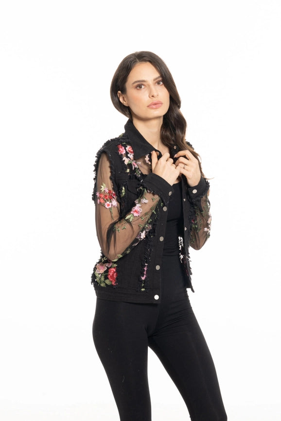 Black Denim and Lace Embroidered Jacket-Jacket-Adore-S-Urbanheer