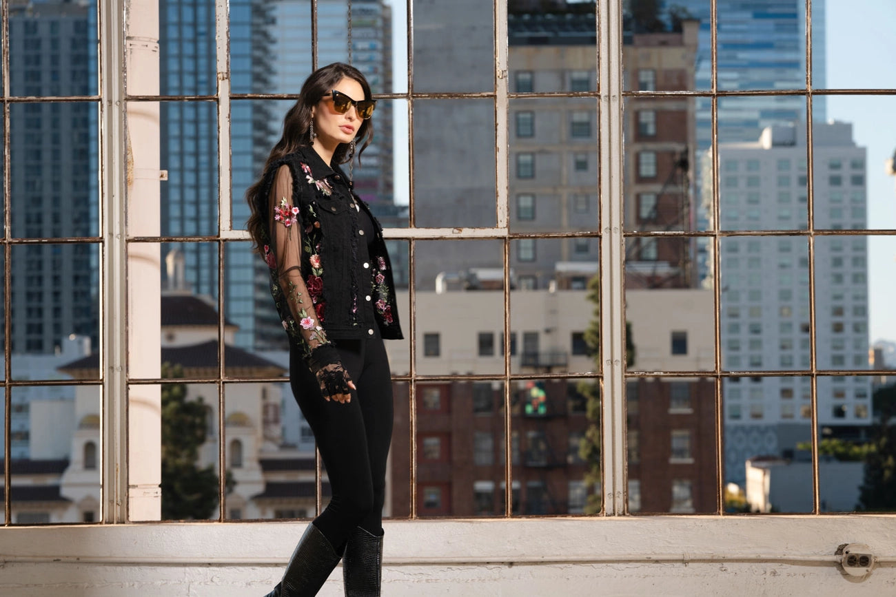 Black Denim and Lace Embroidered Jacket-Jacket-Adore-S-Urbanheer