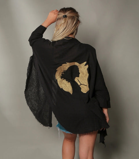 Black Double Gauze Muslin Robe with Golden Horse & Female-Kimono-Moa-Bust 48“ inches (122cm) Waist 65“ inches (166cm) Length 30” inches (76cm)-Urbanheer