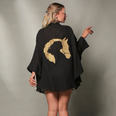 Black Double Gauze Muslin Robe with Golden Horse & Female-Kimono-Moa-Bust 48“ inches (122cm) Waist 65“ inches (166cm) Length 30” inches (76cm)-Urbanheer