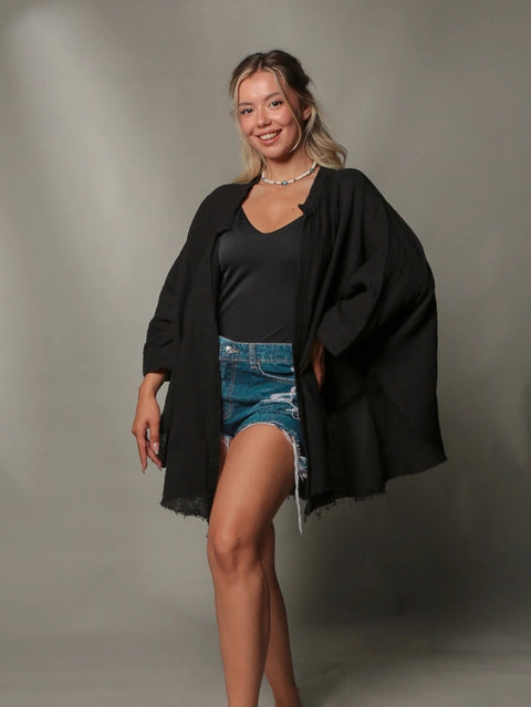 Black Double Gauze Muslin Robe with Golden Horse & Female-Kimono-Moa-Bust 48“ inches (122cm) Waist 65“ inches (166cm) Length 30” inches (76cm)-Urbanheer