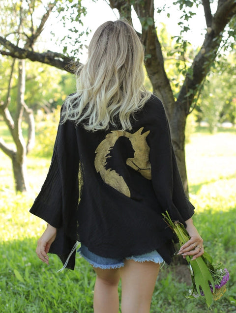 Black Double Gauze Muslin Robe with Golden Horse & Female-Kimono-Moa-Bust 48“ inches (122cm) Waist 65“ inches (166cm) Length 30” inches (76cm)-Urbanheer
