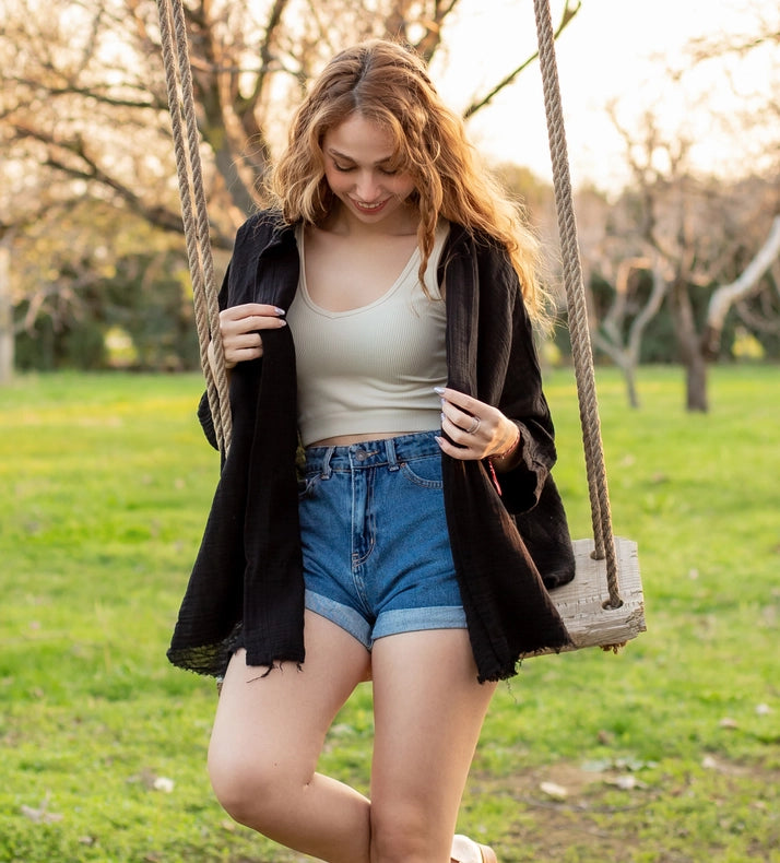 Black Double Gauze Muslin Robe with Golden Mocking Bird-Kimono-Moa-Bust 48“ inches (122cm) Waist 65“ inches (166cm) Length 30” inches (76cm)-Urbanheer