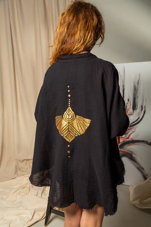 Black Double Gauze Muslin Robe with Golden Mocking Bird-Kimono-Moa-Bust 48“ inches (122cm) Waist 65“ inches (166cm) Length 30” inches (76cm)-Urbanheer