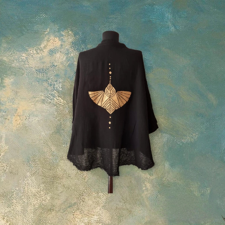 Black Double Gauze Muslin Robe with Golden Mocking Bird-Kimono-Moa-Bust 48“ inches (122cm) Waist 65“ inches (166cm) Length 30” inches (76cm)-Urbanheer