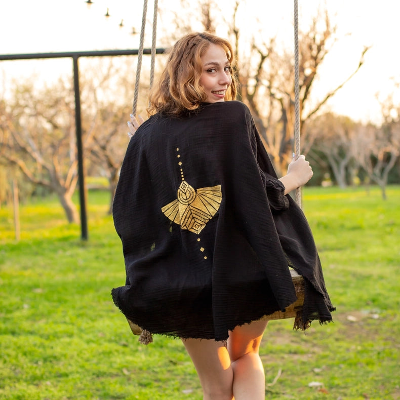 Black Double Gauze Muslin Robe with Golden Mocking Bird-Kimono-Moa-Bust 48“ inches (122cm) Waist 65“ inches (166cm) Length 30” inches (76cm)-Urbanheer
