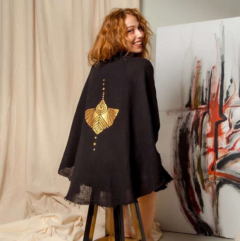 Black Double Gauze Muslin Robe with Golden Mocking Bird-Kimono-Moa-Bust 48“ inches (122cm) Waist 65“ inches (166cm) Length 30” inches (76cm)-Urbanheer