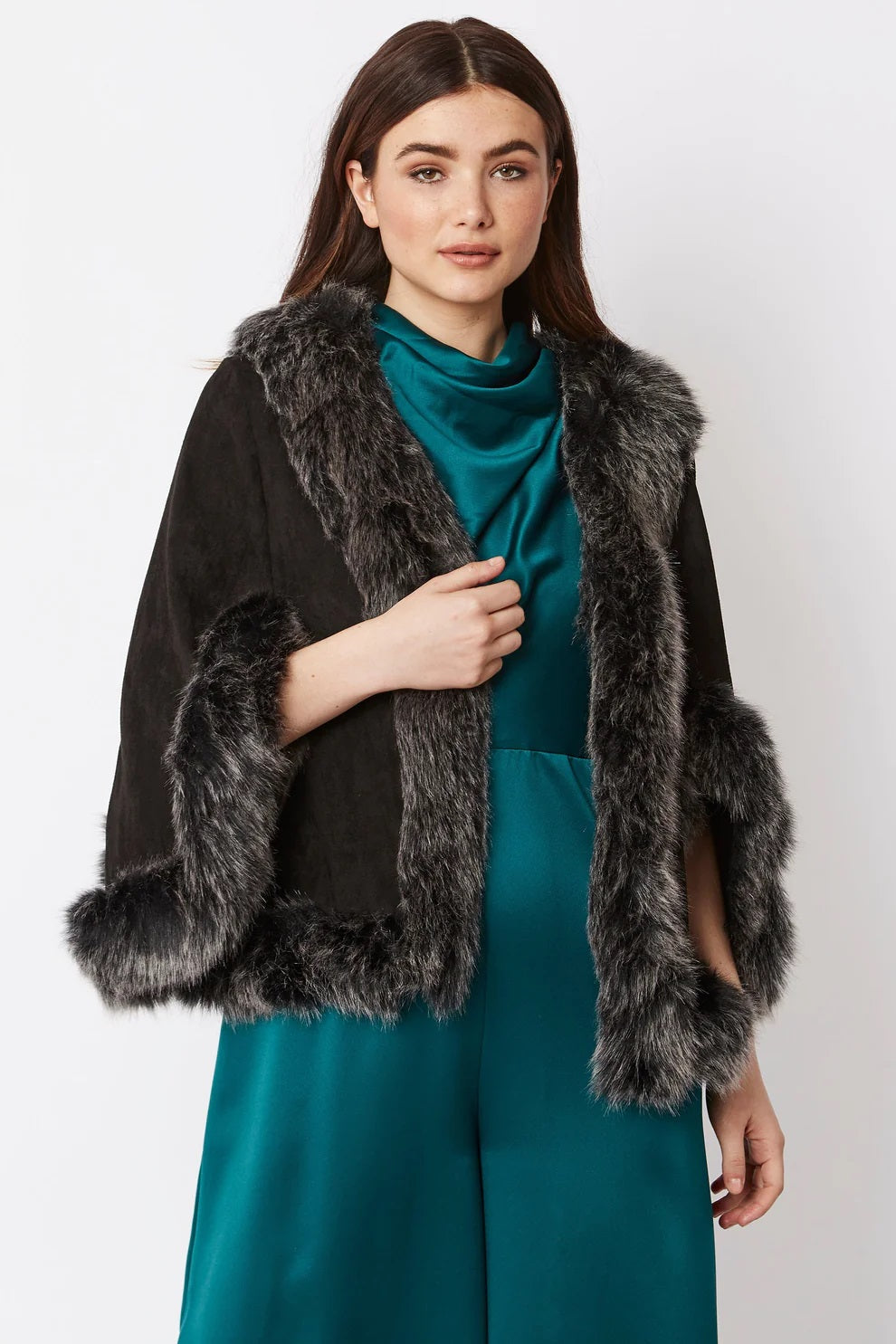 Black Faux Fur Suede Cape Jacket-Jackets & Blazers-Buy Me Fur Ltd-One Size-Black-Faux Suede-Urbanheer