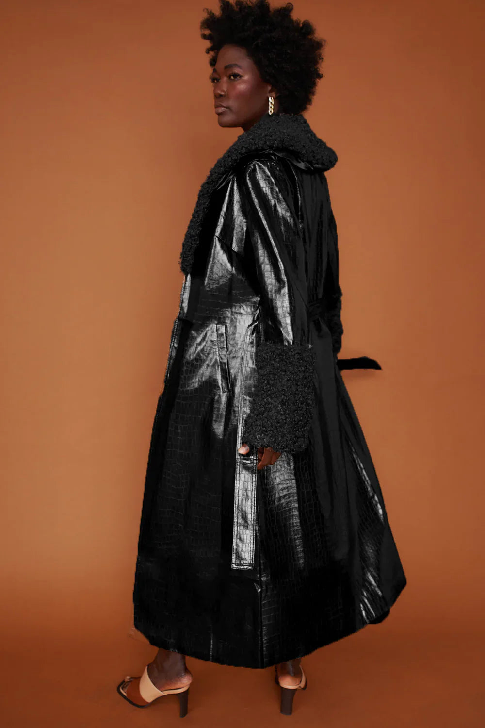 Black Faux Leather Trench Coat with Detachable Faux Mongolian Collar and Cuffs-Faux Leather Coats-Buy Me Fur Ltd-S-M-Black-Faux Leather-Urbanheer