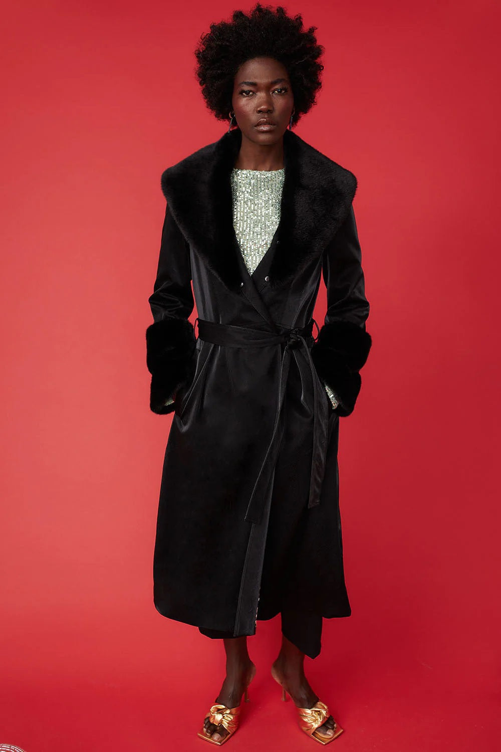 Black Faux Leather Trench Coat with Faux Fur Collar and Cuffs-Faux Leather Coats-Buy Me Fur Ltd-S-M-Black-Faux Leather-Urbanheer
