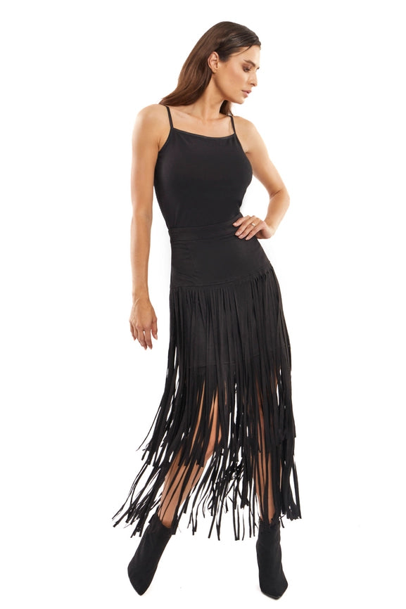 Black Faux Suede Fringe Skirt-Skirt-Adore-L-Urbanheer