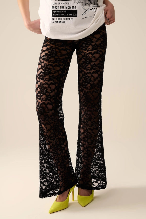Black Flare Pants in Floral Lace-Pants-Q2-S-Black-Urbanheer