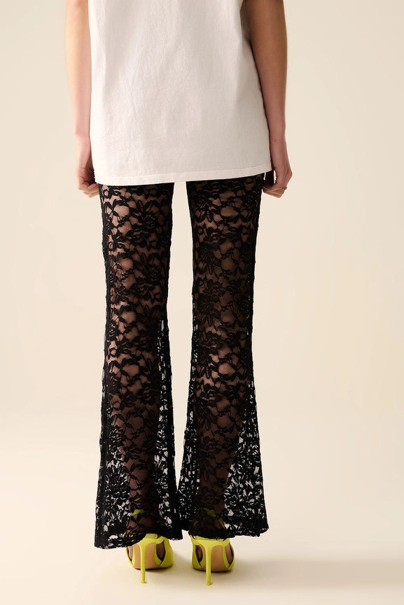 Black Flare Pants in Floral Lace-Pants-Q2-S-Black-Urbanheer