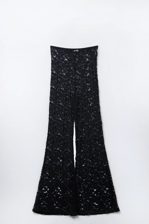 Black Flare Pants in Floral Lace-Pants-Q2-S-Black-Urbanheer