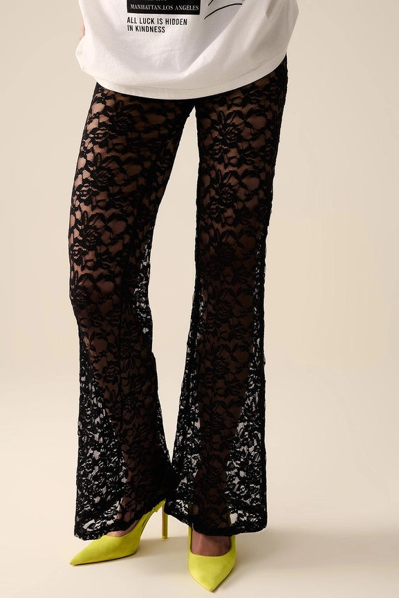Black Flare Pants in Floral Lace-Pants-Q2-S-Black-Urbanheer