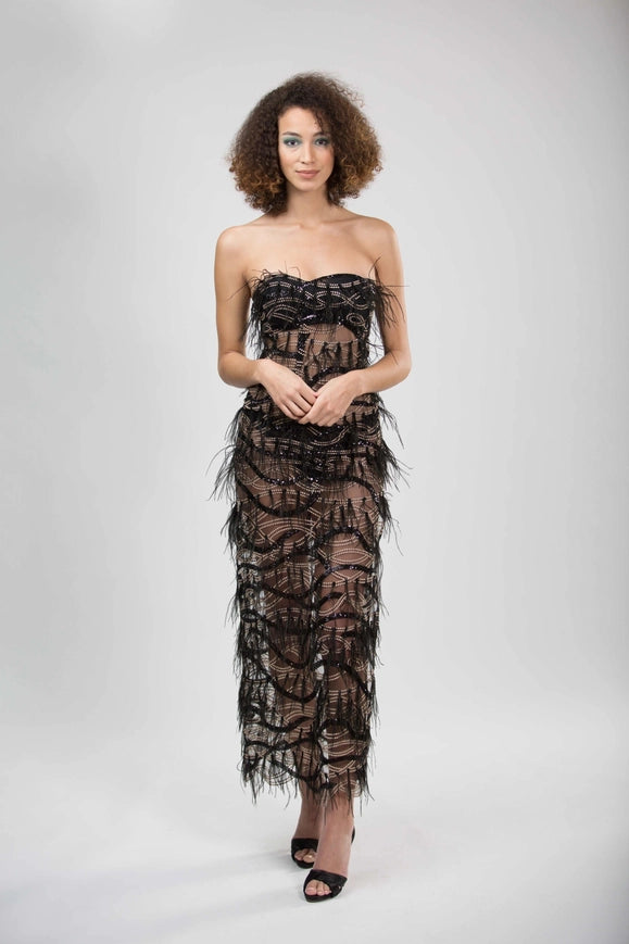 Black Gala Lace Feather Dress-Dress-Gela Wesh-XS-Black-Urbanheer