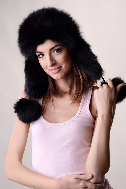 Black Genuine Arctic Fox Fur Hat with Lamb Nappa Leather-Hats-Buy Me Fur Ltd-Black-55-Genuine Arctic Fox Fur and Nappa Leather-Urbanheer