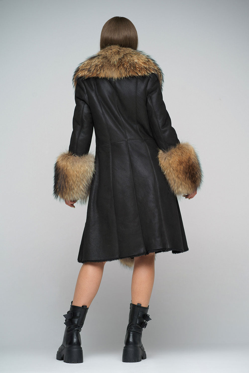 Black Genuine Maxi Sheepskin Overcoat with Arctic Raccoon Fur Detailing-Leather Coats-Buy Me Fur Ltd-Brown-XS-Genuine Sheepskin Leather-Urbanheer