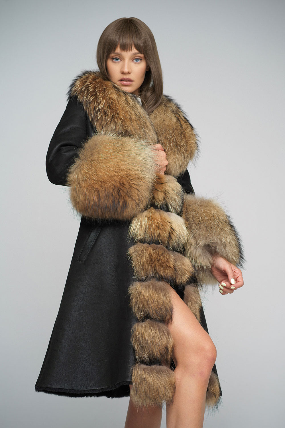 Black Genuine Maxi Sheepskin Overcoat with Arctic Raccoon Fur Detailing-Leather Coats-Buy Me Fur Ltd-Brown-XS-Genuine Sheepskin Leather-Urbanheer