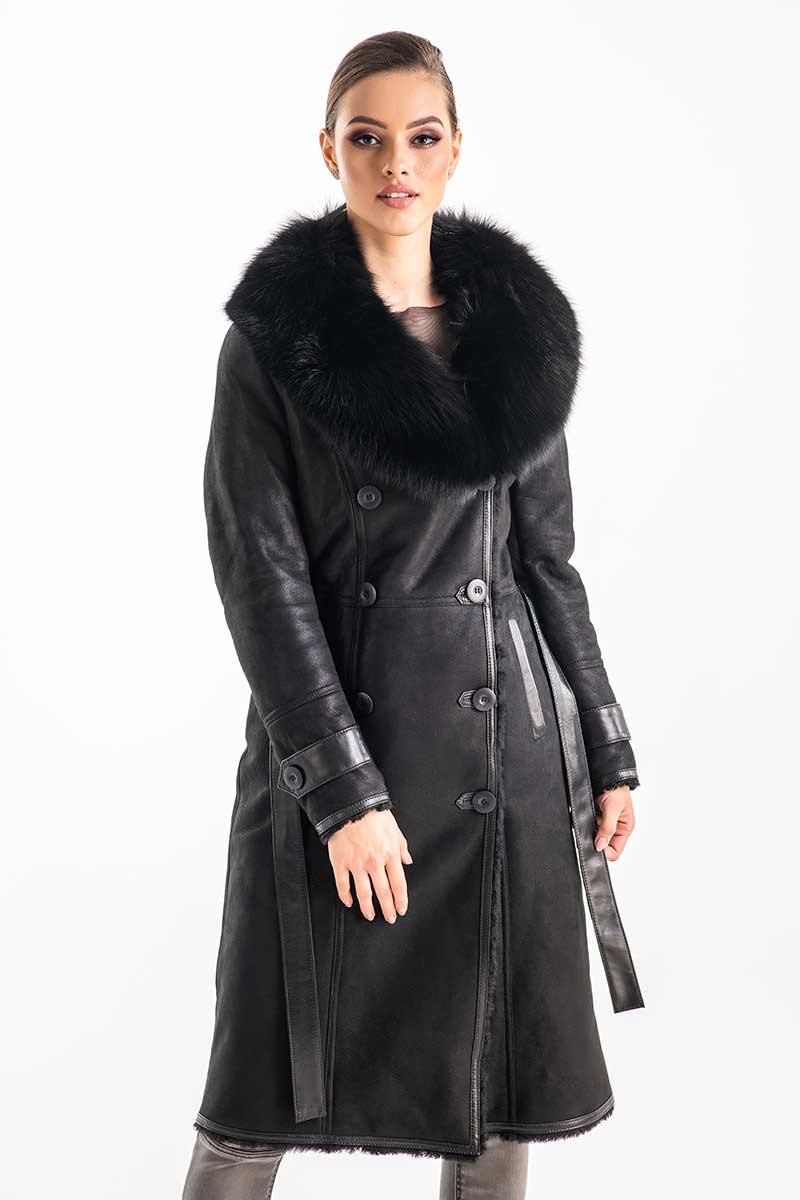 Black Genuine Merino Shearling Coat with Arctic Fox Fur Collar-Leather Coats-Buy Me Fur Ltd-Black-S-Genuine Merino Shearling-Urbanheer