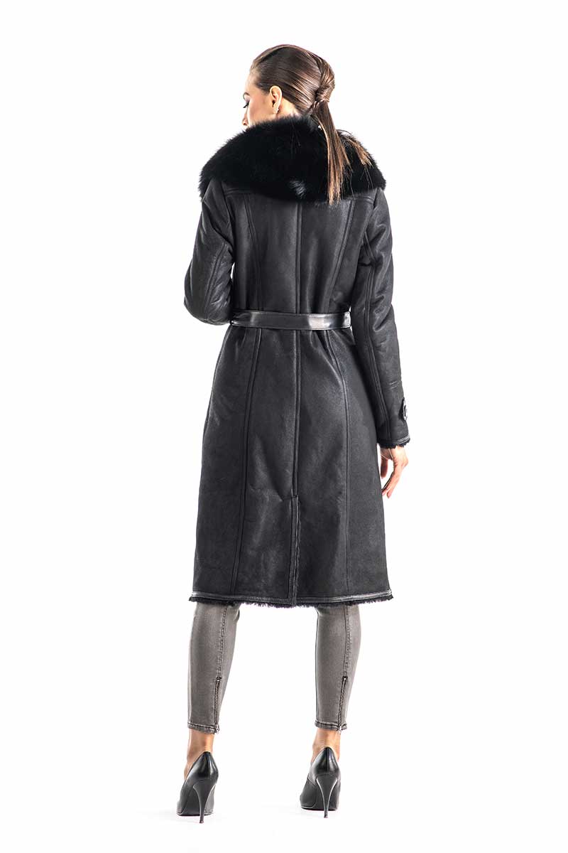 Black Genuine Merino Shearling Coat with Arctic Fox Fur Collar-Leather Coats-Buy Me Fur Ltd-Black-S-Genuine Merino Shearling-Urbanheer