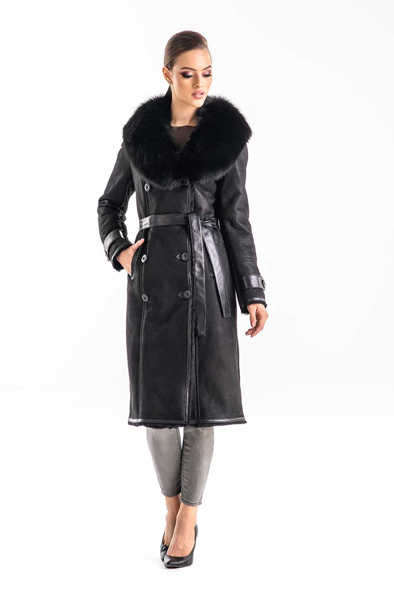Black Genuine Merino Shearling Coat with Arctic Fox Fur Collar-Leather Coats-Buy Me Fur Ltd-Black-S-Genuine Merino Shearling-Urbanheer