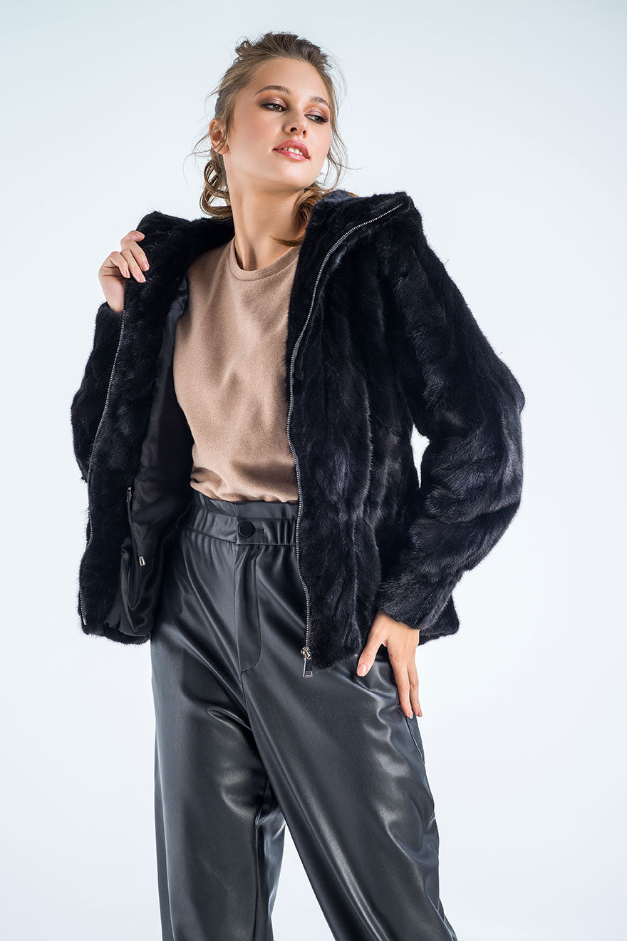 Black Genuine Mink Fur Hooded Jacket-Fur Jackets-Buy Me Fur Ltd-Black-S-Genuine Mink Fur-Urbanheer