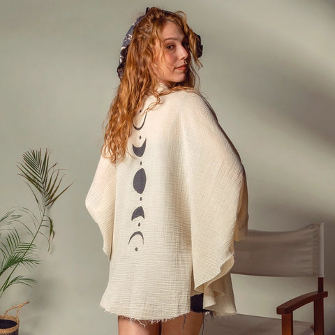 Black &Gold Moon Phases Muslin Kimono Robe / Poncho-Kimono-Moa-L:29" inch-74cm W:39" inch-100cm-Beige-Urbanheer