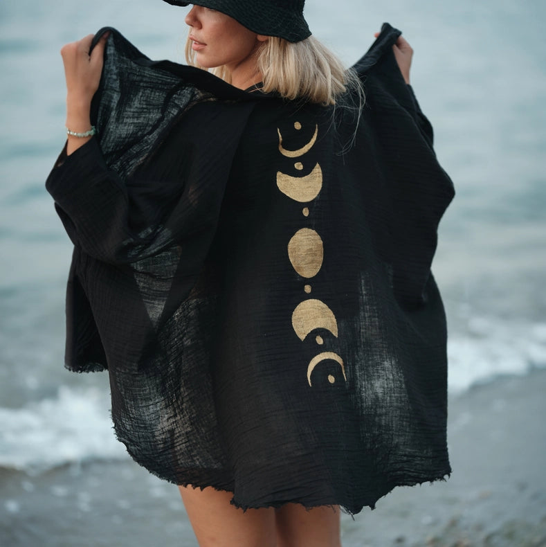 Black &Gold Moon Phases Muslin Kimono Robe / Poncho-Kimono-Moa-L:29" inch-74cm W:39" inch-100cm-Black-Urbanheer