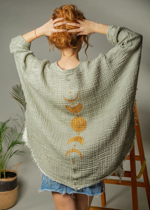 Black &Gold Moon Phases Muslin Kimono Robe / Poncho-Kimono-Moa-L:29" inch-74cm W:39" inch-100cm-Green-Urbanheer