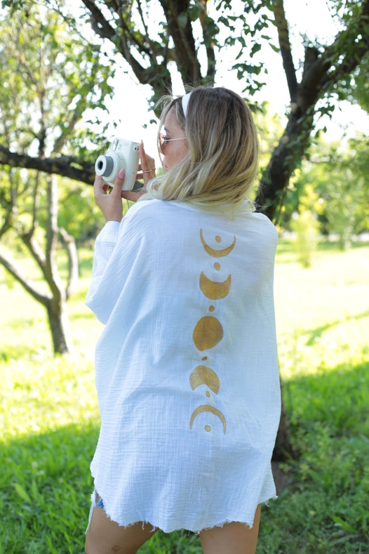 Black &Gold Moon Phases Muslin Kimono Robe / Poncho-Kimono-Moa-L:29" inch-74cm W:39" inch-100cm-White-Urbanheer