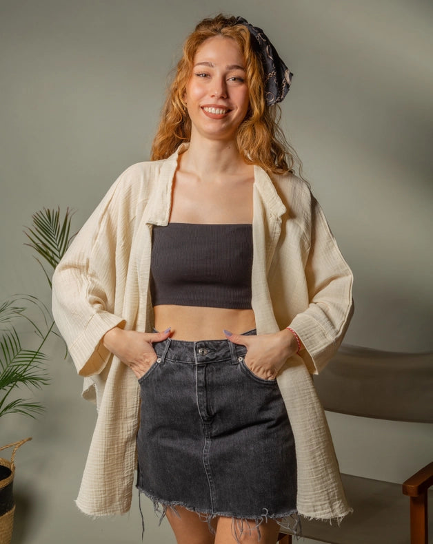 Black &Gold Moon Phases Muslin Kimono Robe / Poncho-Kimono-Moa-L:29" inch-74cm W:39" inch-100cm-Beige-Urbanheer