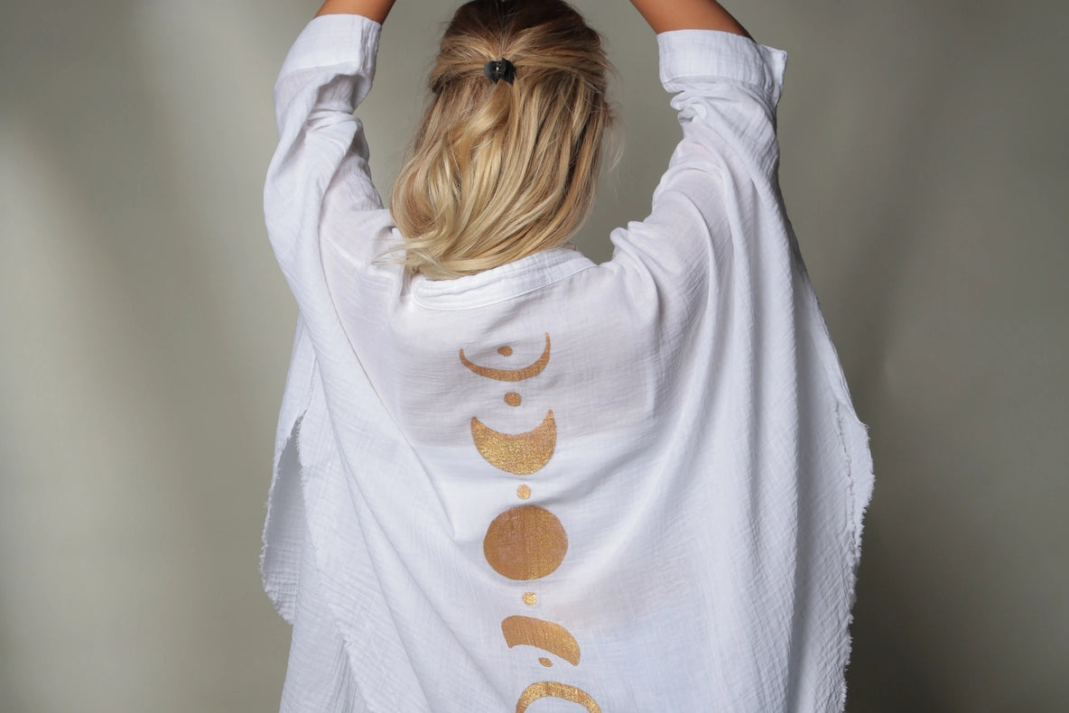 Black &Gold Moon Phases Muslin Kimono Robe / Poncho-Kimono-Moa-L:29" inch-74cm W:39" inch-100cm-Beige-Urbanheer