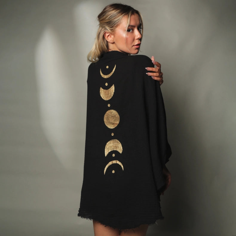 Black &Gold Moon Phases Muslin Kimono Robe / Poncho-Kimono-Moa-L:29" inch-74cm W:39" inch-100cm-Beige-Urbanheer