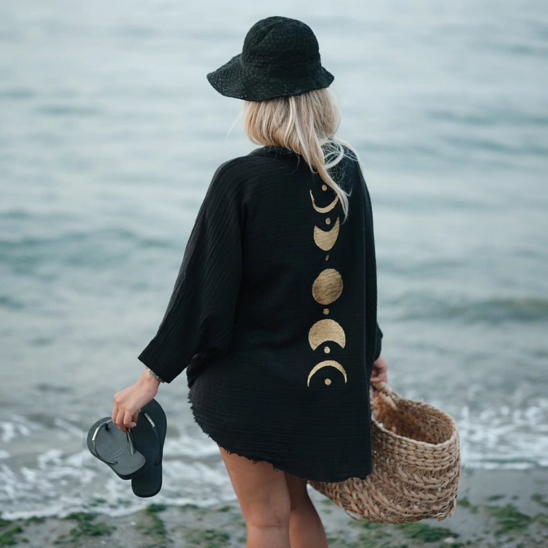 Black &Gold Moon Phases Muslin Kimono Robe / Poncho-Kimono-Moa-L:29" inch-74cm W:39" inch-100cm-Beige-Urbanheer