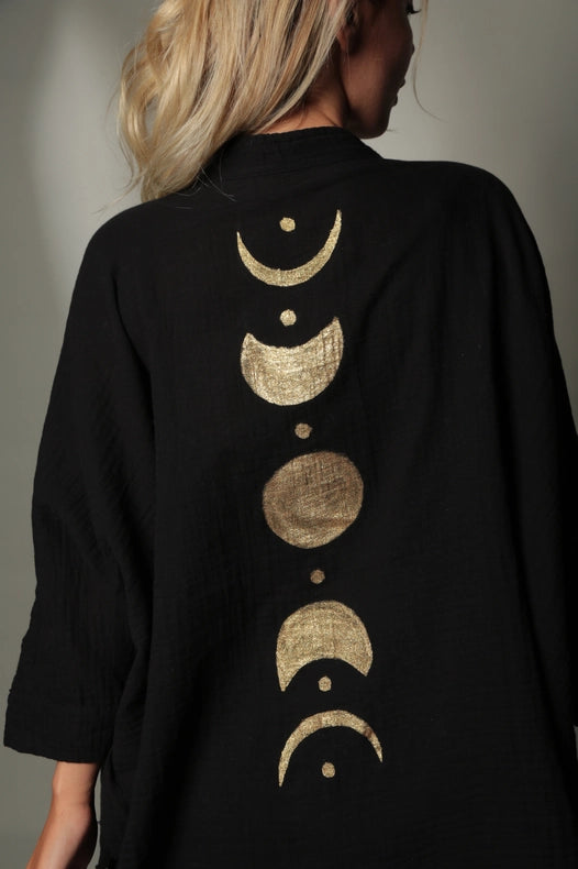 Black &Gold Moon Phases Muslin Kimono Robe / Poncho-Kimono-Moa-L:29" inch-74cm W:39" inch-100cm-Beige-Urbanheer