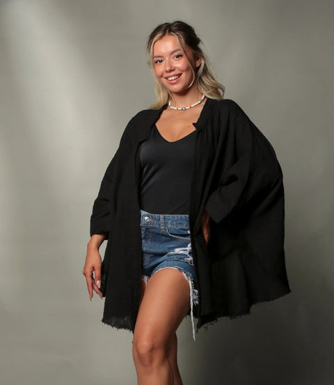 Black &Gold Moon Phases Muslin Kimono Robe / Poncho-Kimono-Moa-L:29" inch-74cm W:39" inch-100cm-Beige-Urbanheer