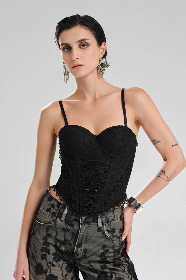 Black Lace Corset Top with Front Ribbon Tie