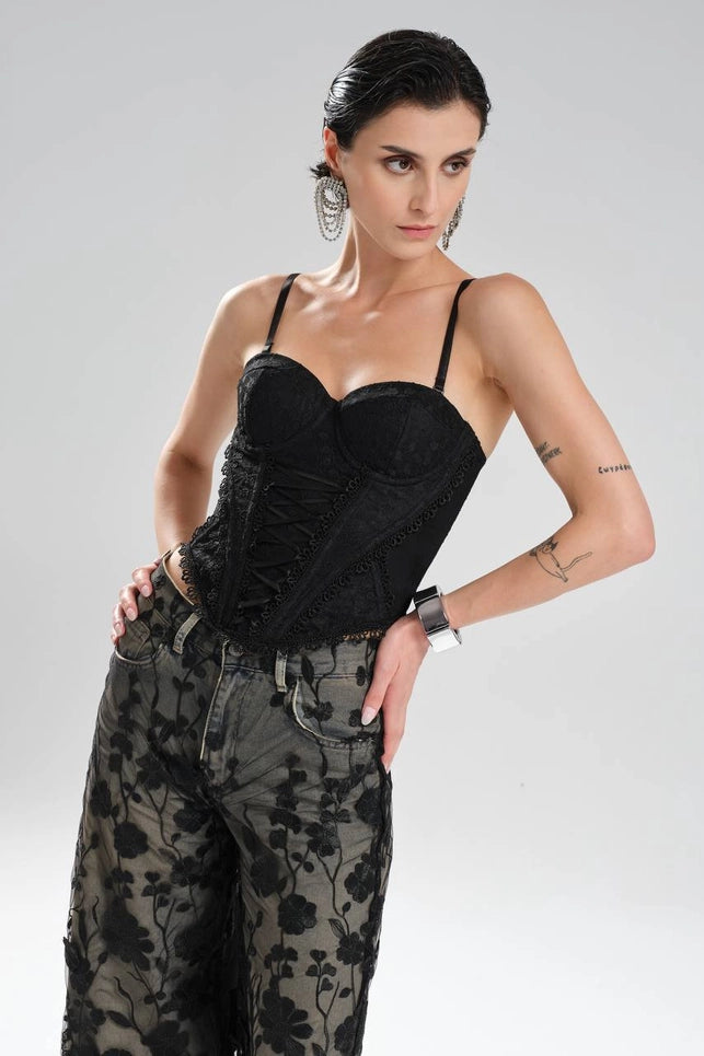 Black Lace Corset Top with Front Ribbon Tie
