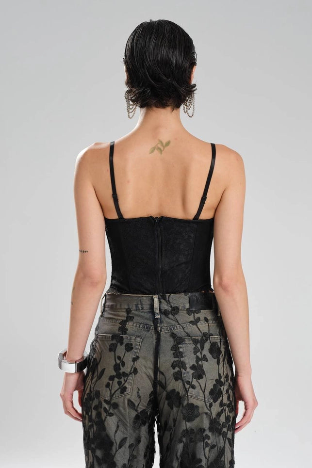 Black Lace Corset Top with Front Ribbon Tie