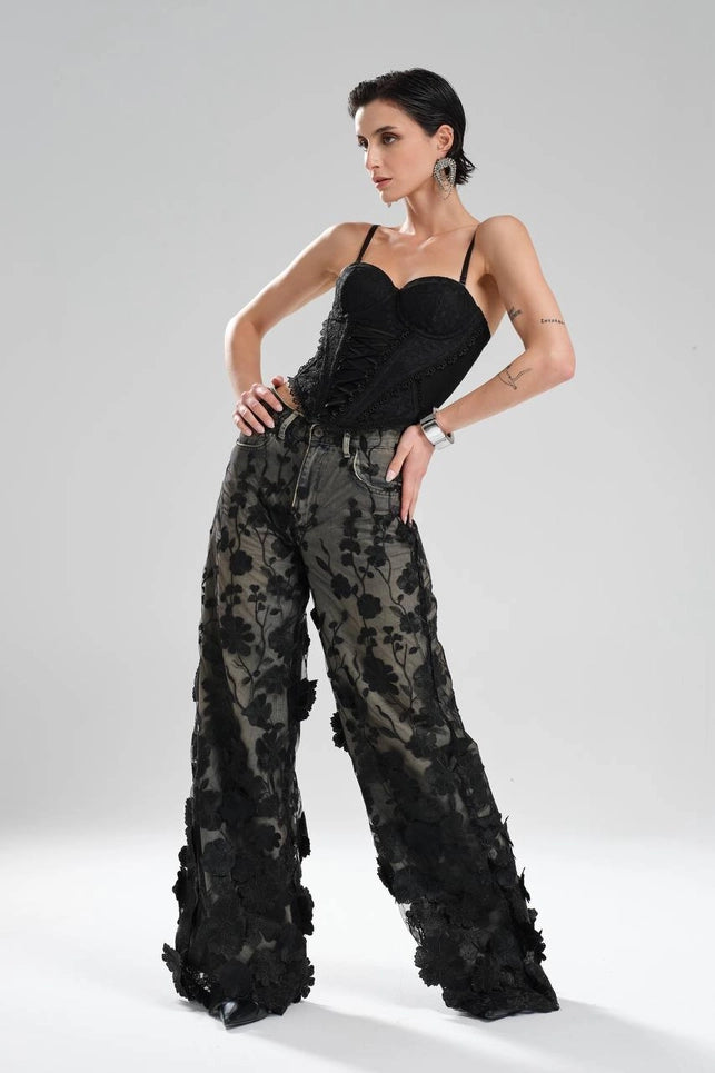 Black Lace Corset Top with Front Ribbon Tie