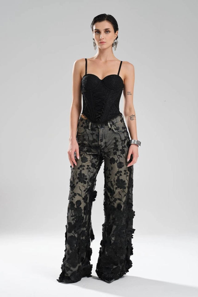 Black Lace Corset Top with Front Ribbon Tie