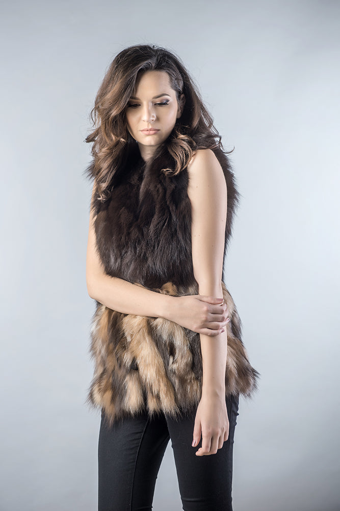 Black Light Brown Genuine Fox Fur Vest-Fur Vests & Gilets-Buy Me Fur Ltd-Black - Light Brown-S-Genuine Fox Fur-Urbanheer