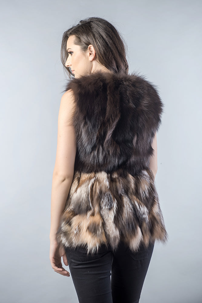Black Light Brown Genuine Fox Fur Vest-Fur Vests & Gilets-Buy Me Fur Ltd-Black - Light Brown-S-Genuine Fox Fur-Urbanheer