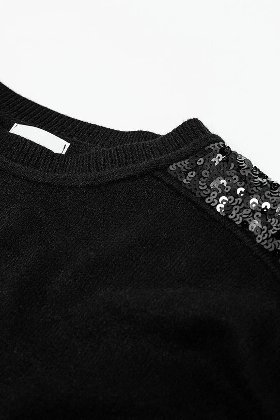 Black Long Sleeves Sweater with Sequins On the Shoulders-Sweater-Q2-One Size-Black-Urbanheer