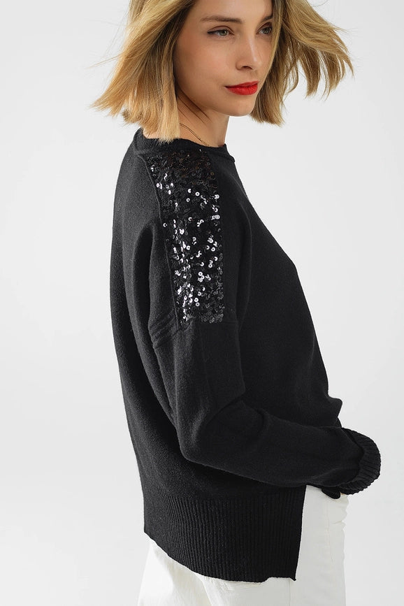 Black Long Sleeves Sweater with Sequins On the Shoulders-Sweater-Q2-One Size-Black-Urbanheer