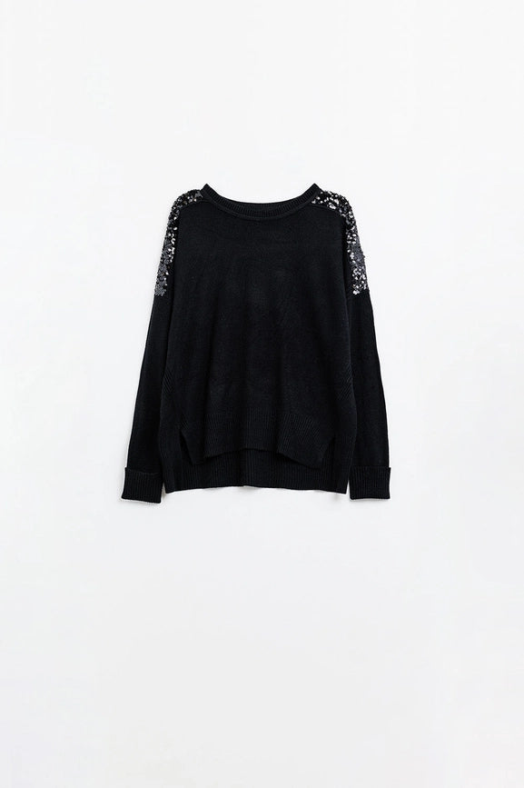 Black Long Sleeves Sweater with Sequins On the Shoulders-Sweater-Q2-One Size-Black-Urbanheer
