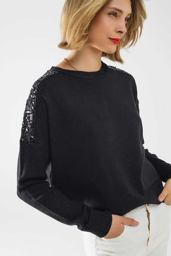 Black Long Sleeves Sweater with Sequins On the Shoulders-Sweater-Q2-One Size-Black-Urbanheer