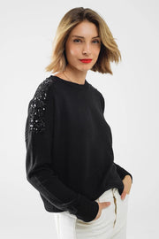 Black Long Sleeves Sweater with Sequins On the Shoulders-Sweater-Q2-One Size-Black-Urbanheer