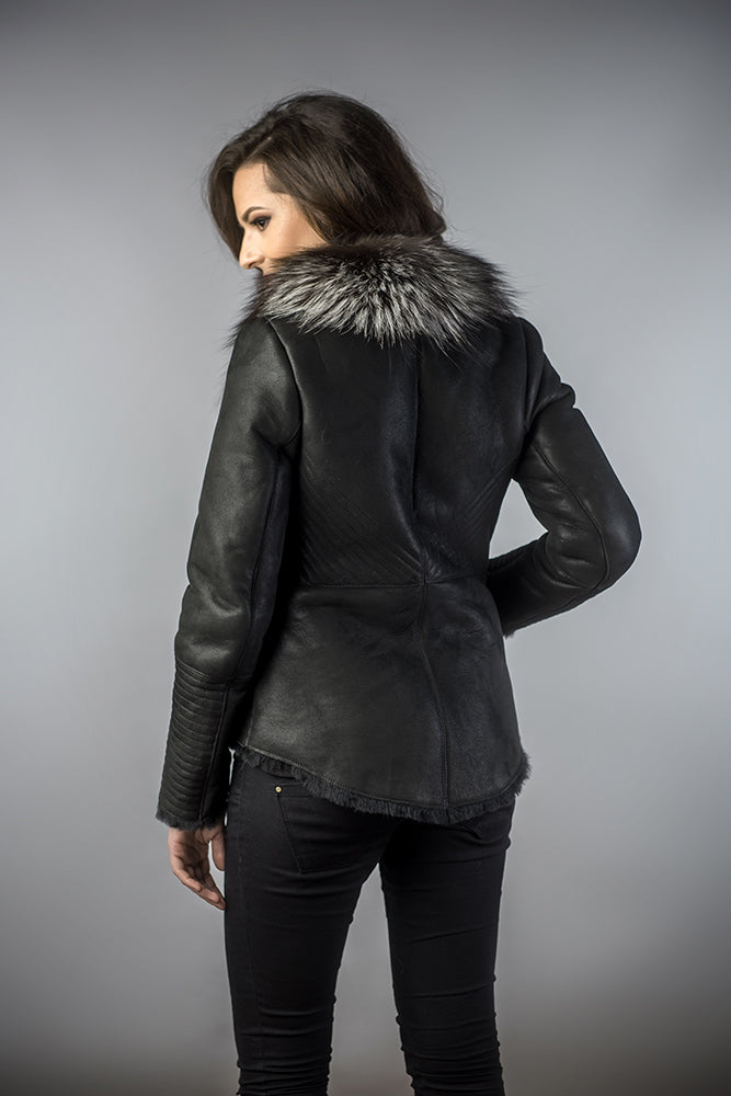 Black Merino Shearling Jacket with Arctic Fox Fur Collar-Leather Jackets-Buy Me Fur Ltd-Black-S-Lamb Nappa Leather-Urbanheer